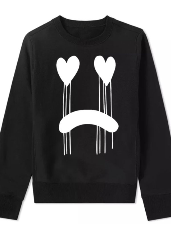 Sad Face Printed Crying Fun Designed Fringed Crew Collar Long Sleeve Sweatshirt