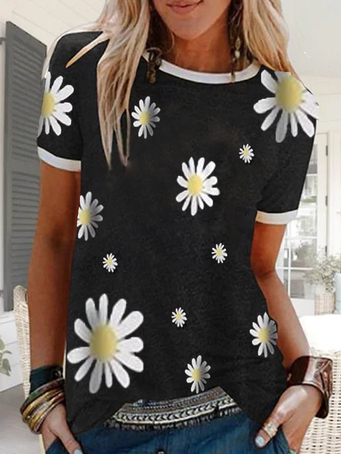 Black Cotton Round Neck Casual Printed Shirts & Tops