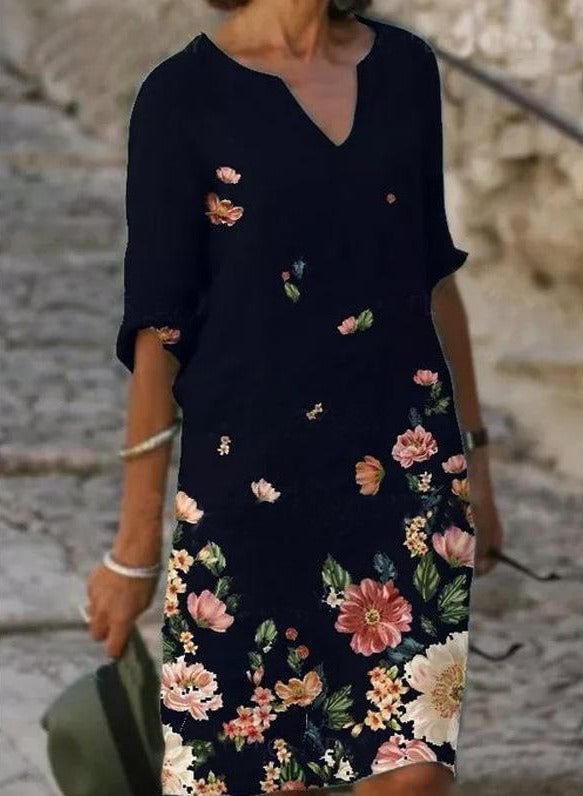 Women Elegant Floral Print Dress Summer New Half Sleeve Knee-length