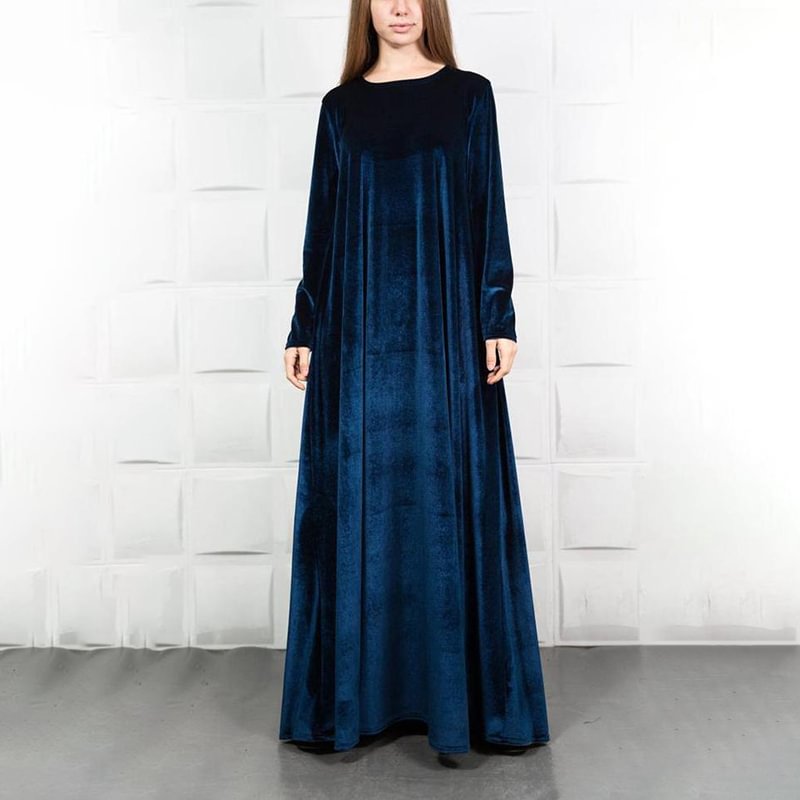 Solid Color Round Neck Casual Loose Velvet Maxi Dress