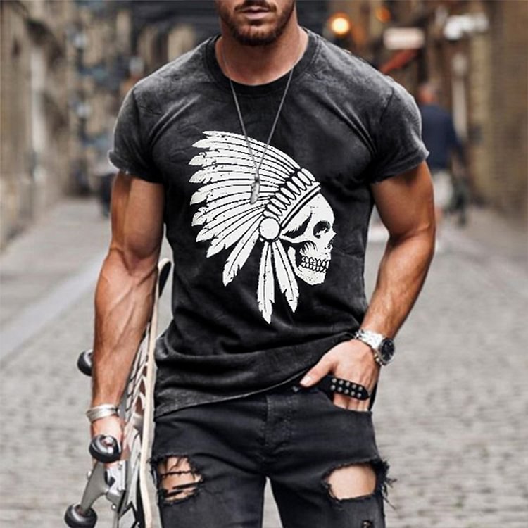 BrosWear Solid Color Indian Print Short-sleeved T-shirt