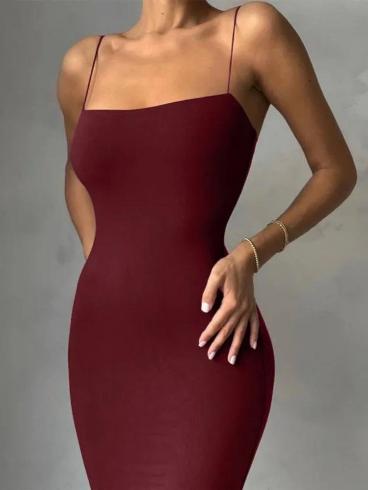 Solid color spaghetti straps fitted maxi sling dress