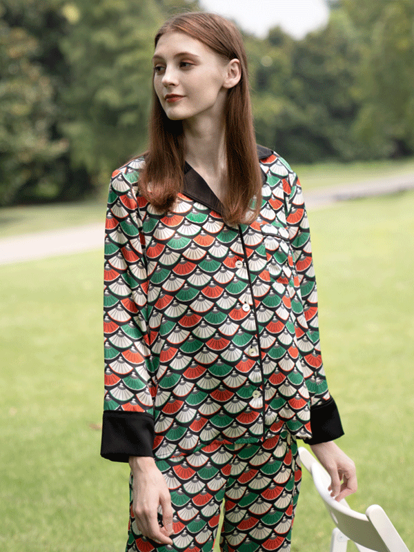 Luxury Japanese Fan Pattern Printed Silk Pajamas Set For Women-luxurysilklife