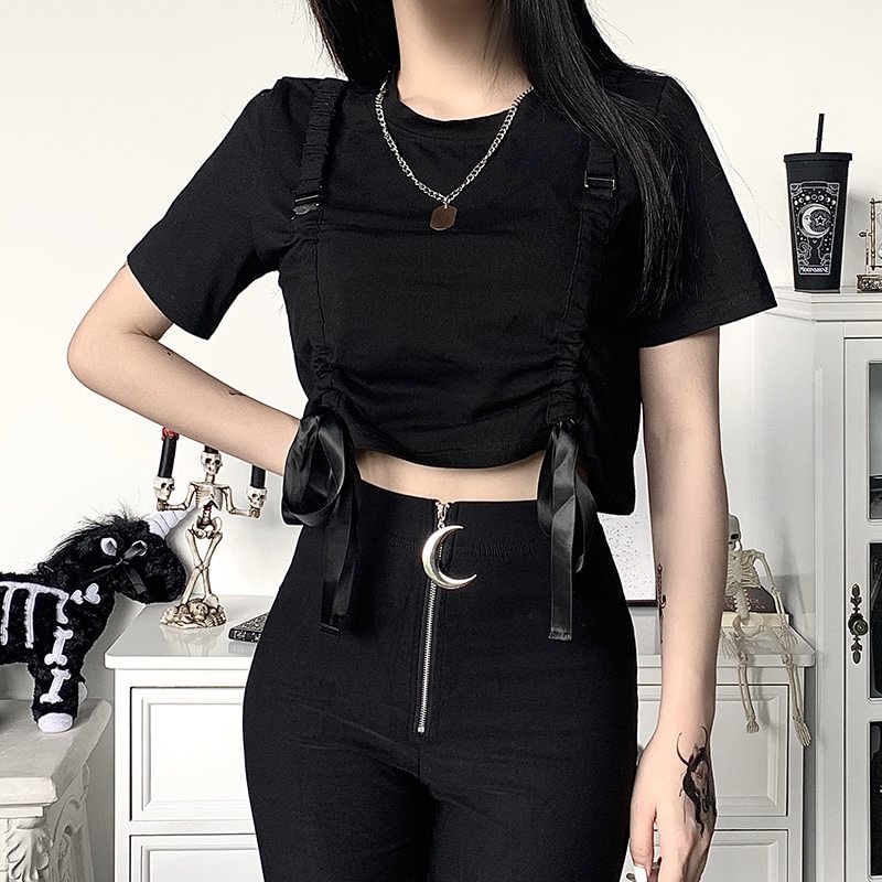 Girl's Front Strapped Belly Black Tops Women