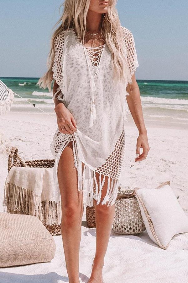 Knitted Fringe Hollow Hanging Beard Beach Blouse P12933