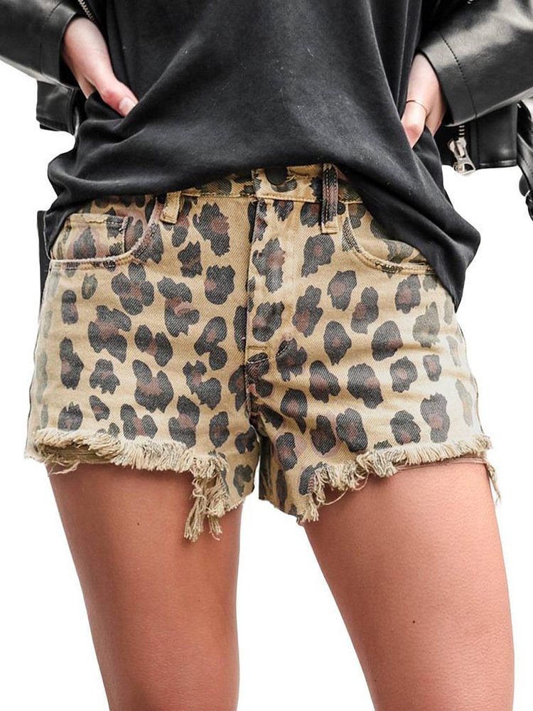 Women's Leopard Print Denim Shorts Raw Edge Shorts Jeans