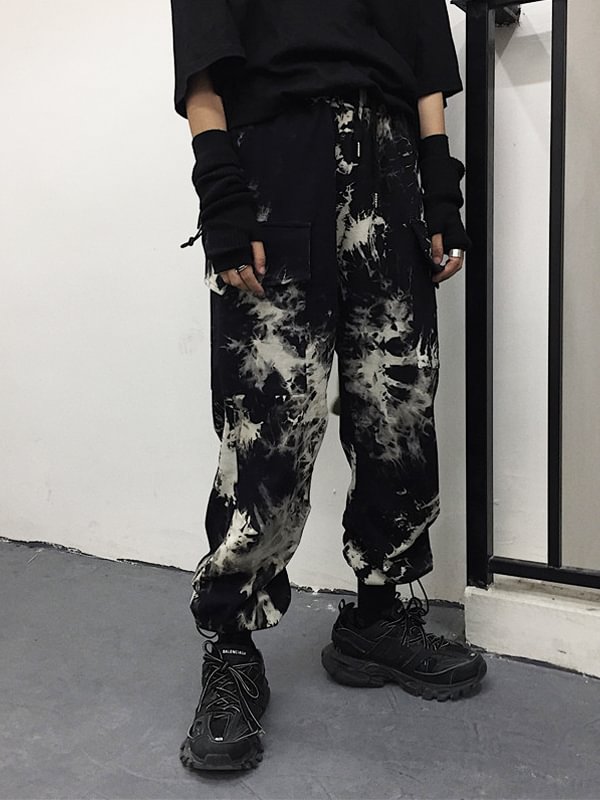 Gothic Dark Street Fashion Punk Style Tie-dyed Bolor Block Drawstring Industrial Pants