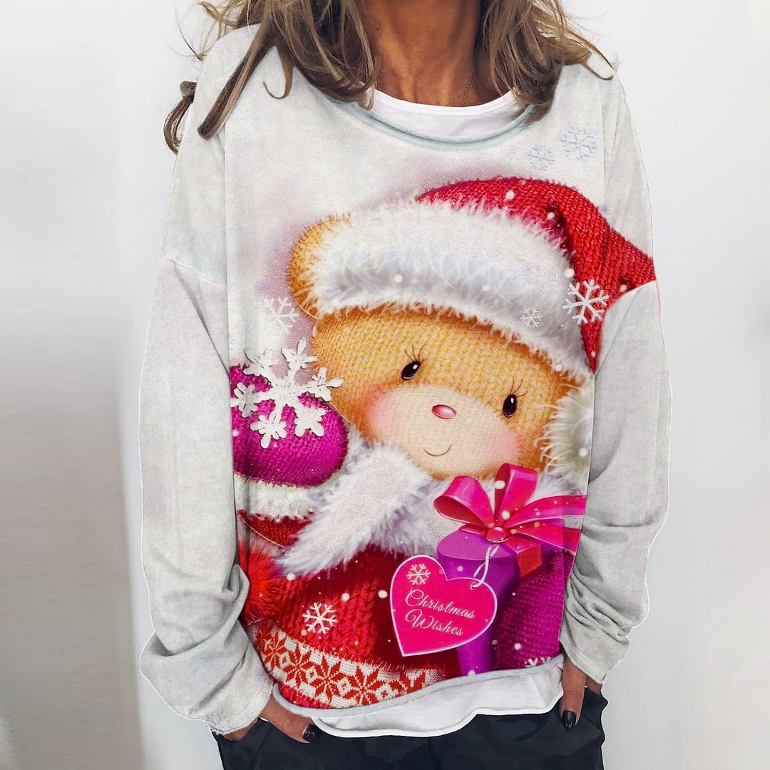 Christmas Cute Bear Doll Print Long Sleeve T-shirt