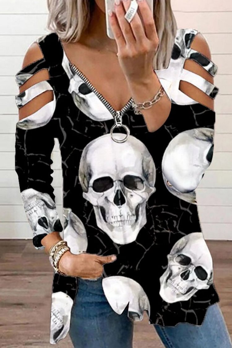 Women's Pullovers Skull Print Cutout Pullover-Mayoulove