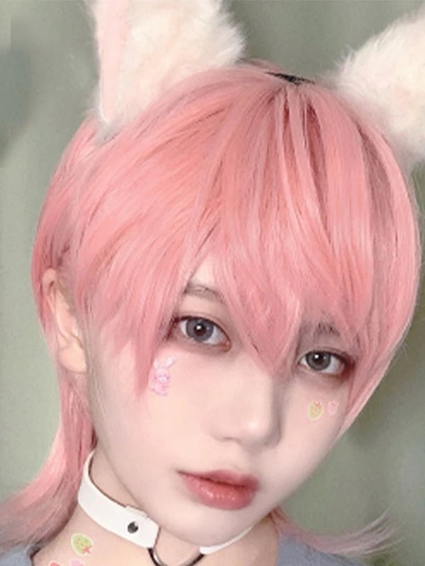 16"Synthetic Wigs Include Bangs and Short Pink Cosplay Wigs