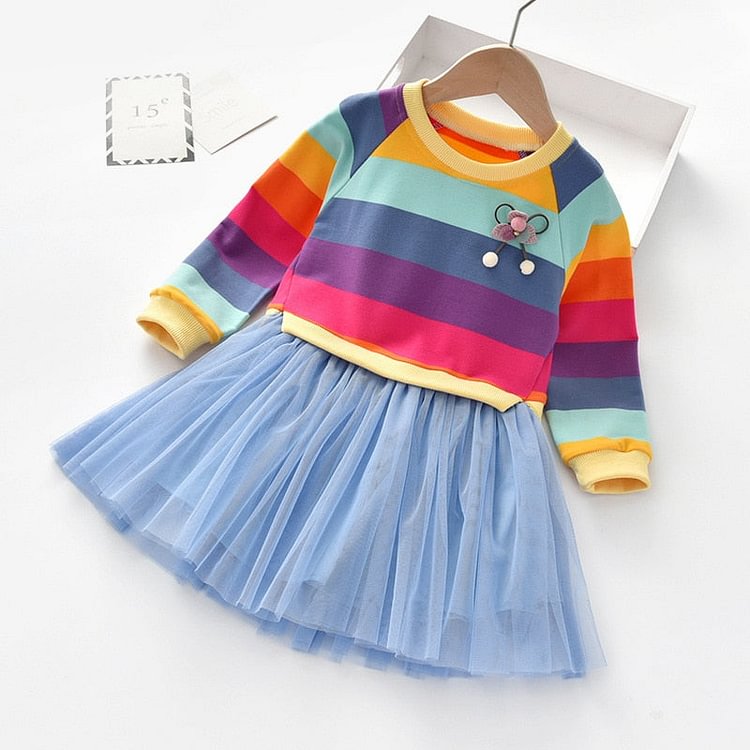 Mayoulove Baby Girls Autumn Casual Long Sleeve Rainbow Striped Patchwork Mesh Dresses 2-8 Years-Mayoulove