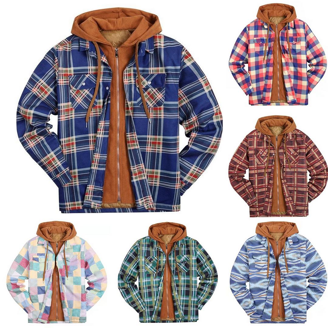 Men Winter Thick Plaid Fake Two-piece Votton-Padded Hoodie Jacket 