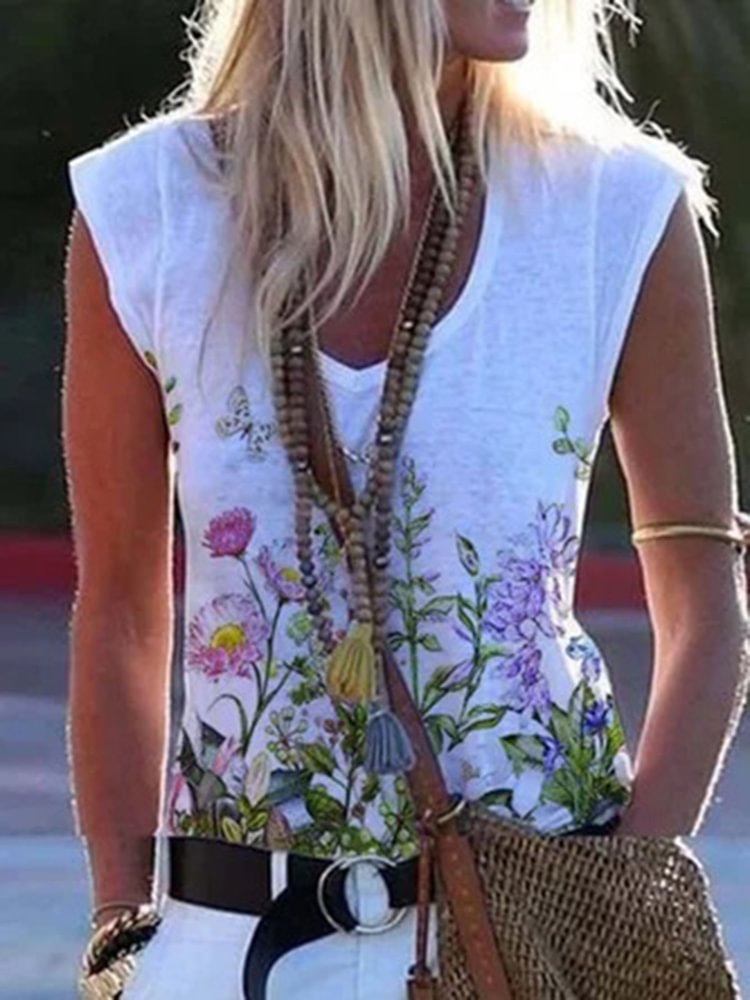 Floral V-Neckline Sleeveless Casual T-shirts