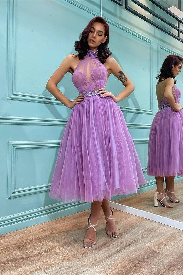 Luluslly Lavender High Neck Short Tulle Prom Dress