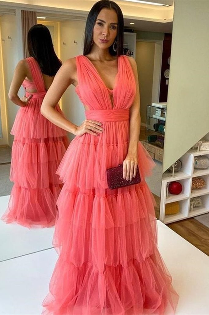 Luluslly Watermelon Sleeveless Tulle Long Prom Dress