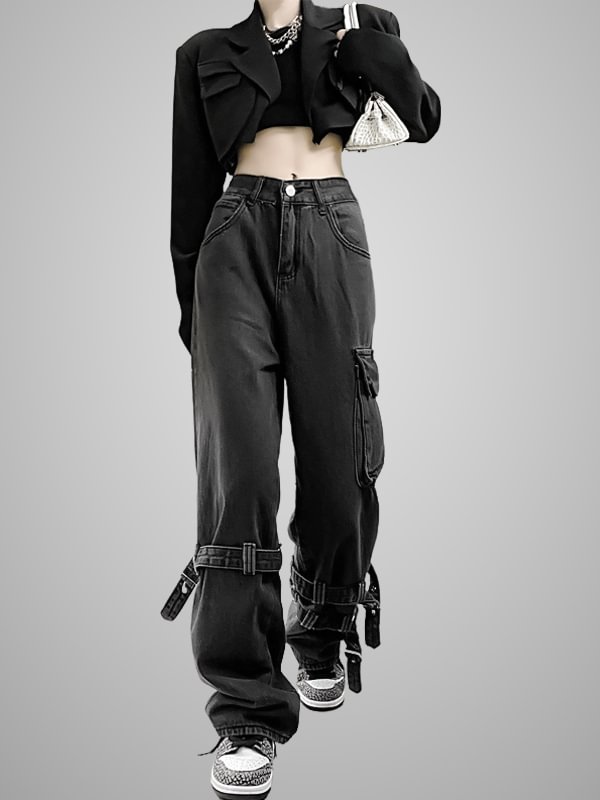 Gothic Dark Solid Color Street Fashion Statement Streamers Straight Pattern Industrial Pants
