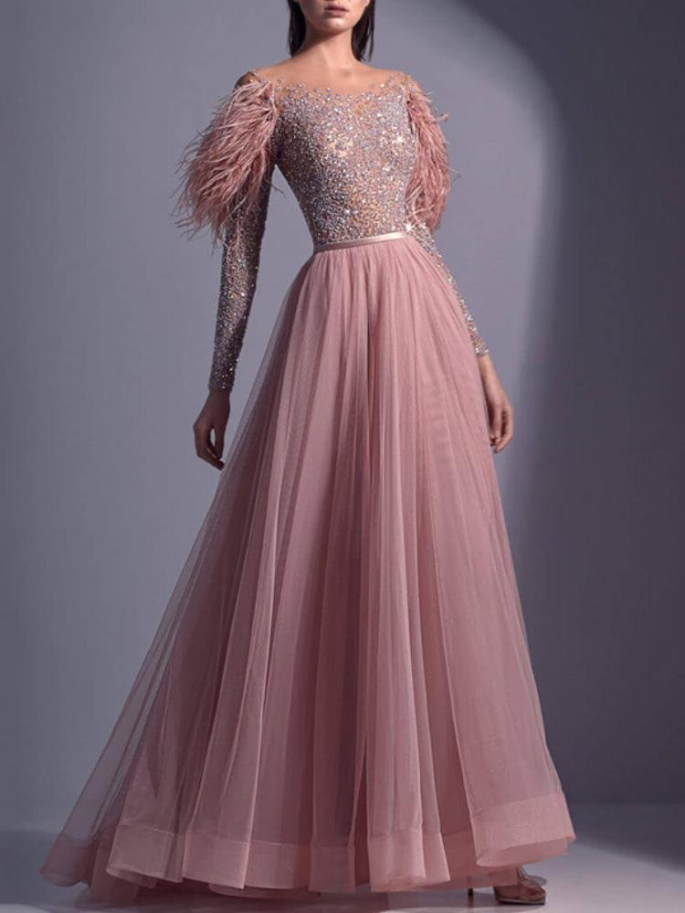 Feather shining sequins elegant maxi tulle dress