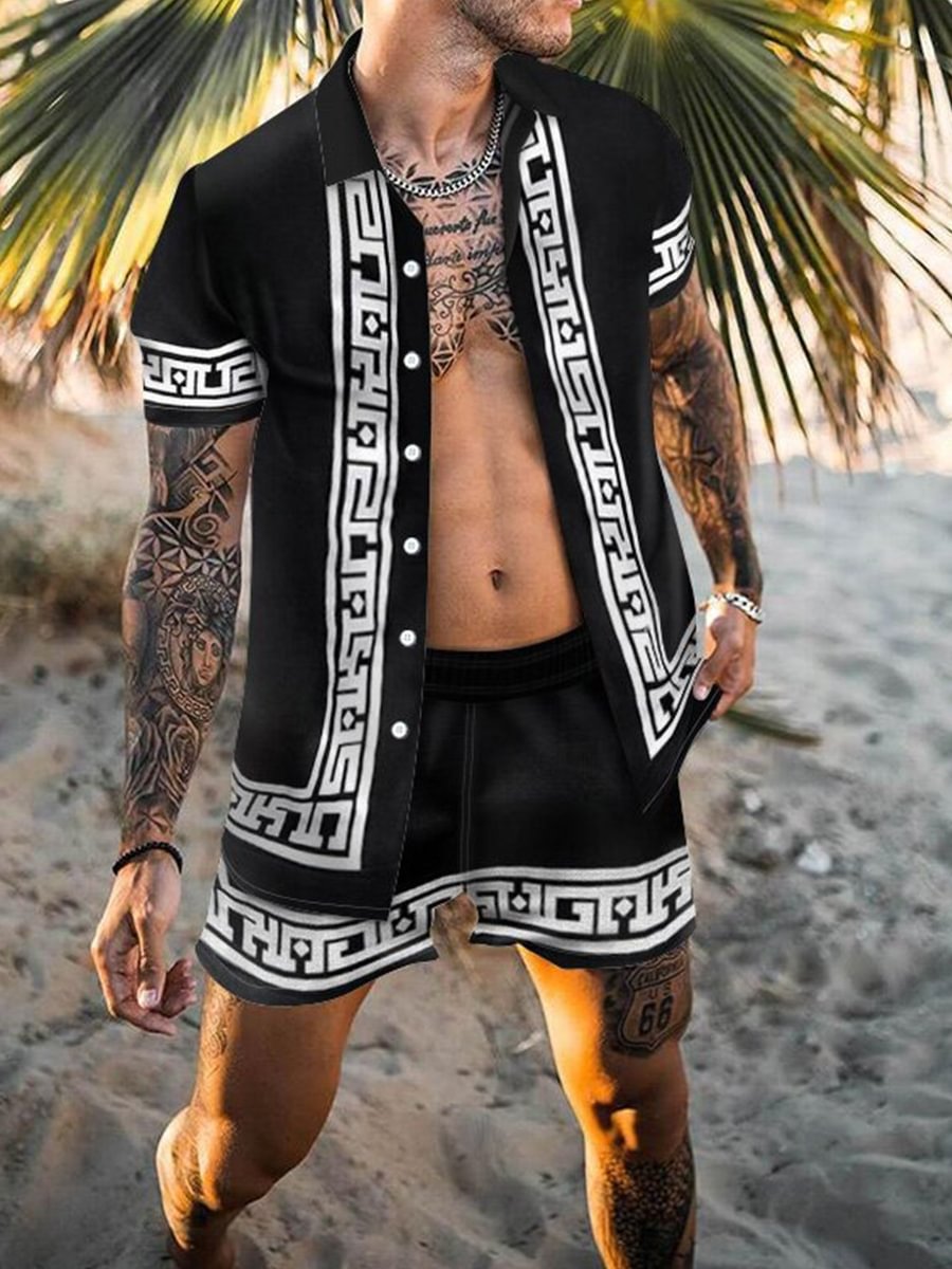 Tiboyz Men's Outfits Leisure Beach Vacation Short Sleeve Shirt Two Piece Set