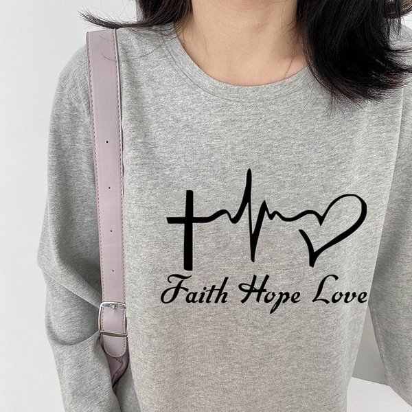 New Autumn And Winter Women Teen Girl Casual Long Sleeve Fleece T-Shirt Sweater Faith Hope Love Printed Sweatshirt Pullover Tops Xs-4Xl