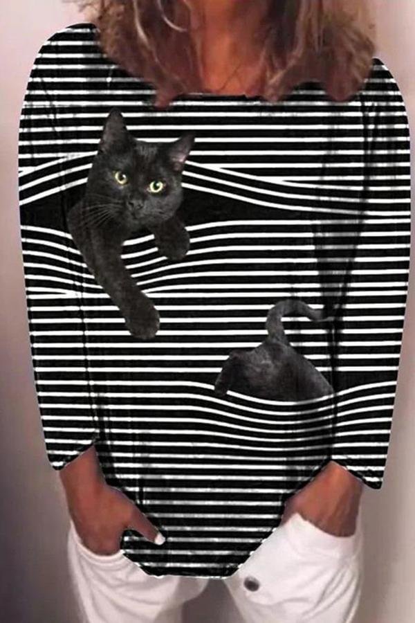 Cat Print Striped Long Sleeve Tee-Allyzone-Allyzone