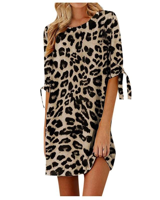 Women's Shift Dress Knee Length Dress Half Sleeve Leopard Print Summer Hot Casual Khaki Gray S M L XL XXL-Corachic