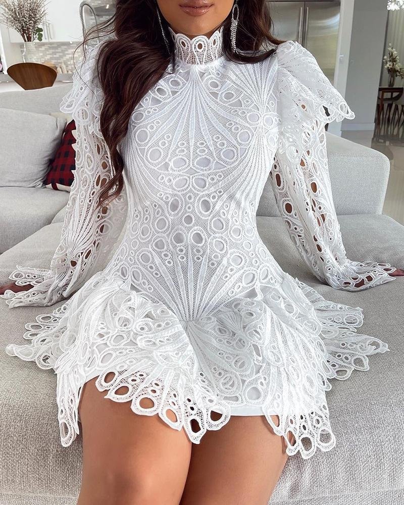Eyelet Embroidery Bell Sleeve Lace Dress P11479