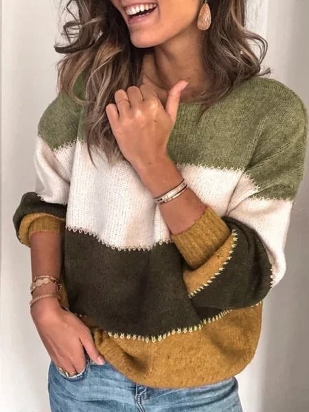 Women's Color-Block Round Neck Hoodie Sweater