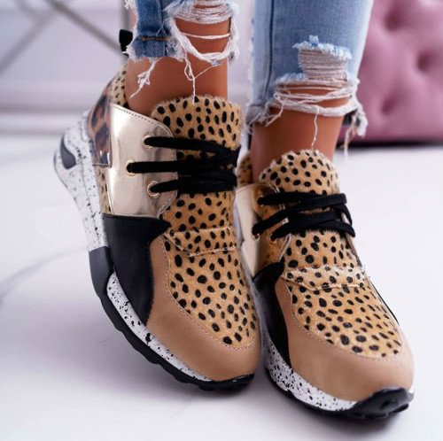 Women's Breathable Casual Leopard Print Faux Fur Clarks Shoes Sneakers - vzzhome