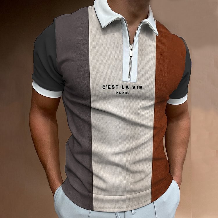Men's Casual Style Summer Daily Stitching Zipper Design Polo Collar Short-sleeved T-shirt