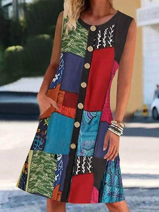 2021 Fashion Trend Summer Women's Round Neck Sleeveless Print Contrast Color Pocket Dress-Corachic