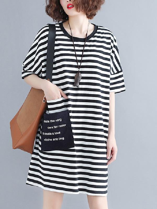 Loose Striped Round-neck Shirt Dress