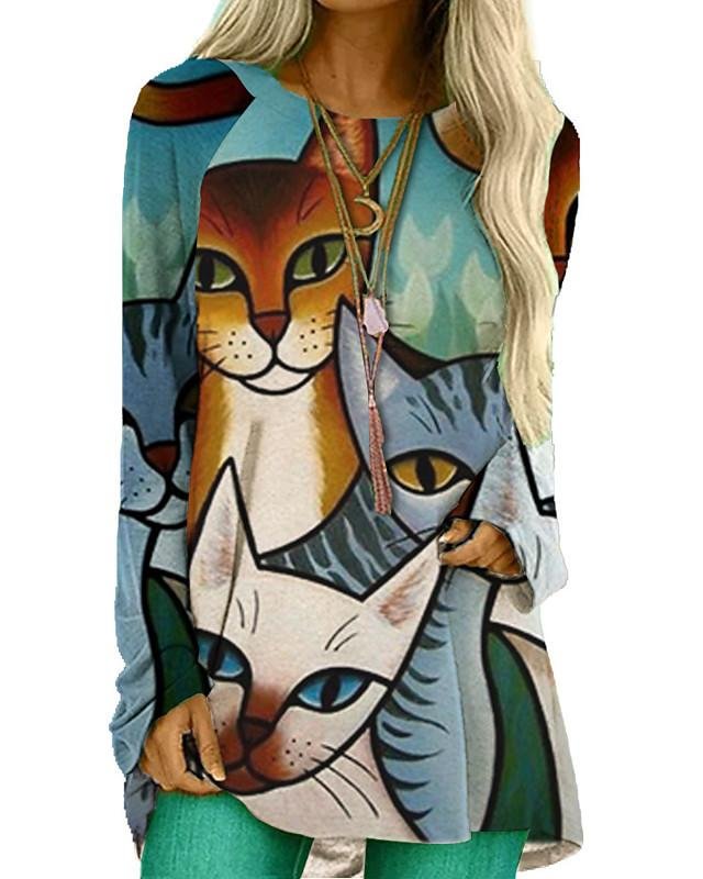 Women's Blouse Shirt Cat Long Sleeve Patchwork Print Round Neck Tops Basic Top Blue-Corachic