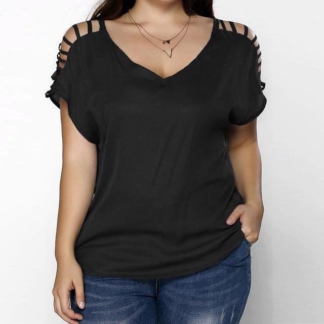 Plus Size Hollow Out Tunic Blouse Shirt Women Summer Causal Elastic Short Sleeves Blouse-Corachic