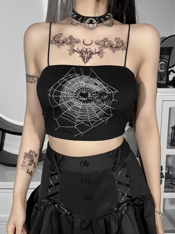 Dark Goth Statement Spider Net Embroidered Spaghetti Strap Slim Crop Top