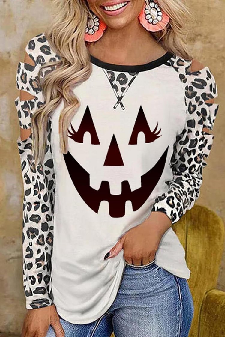 Women's Pullovers Leopard Smiley Cutout Pullover-Mayoulove