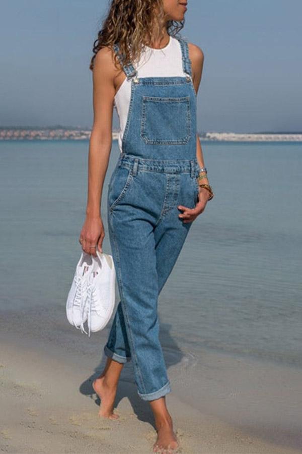 Womens Solid Color Loose Denim Overalls-Allyzone-Allyzone