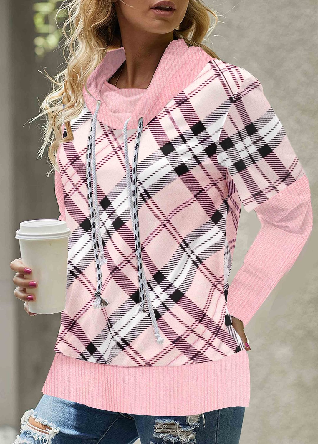 Pink And Black Check Colorblock Casual Sweatshirt