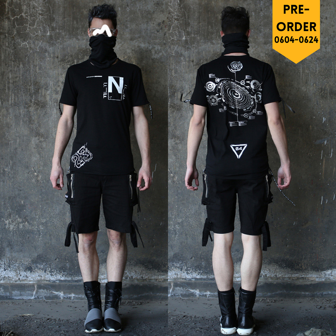 Cyberpunk Style Universe Logo Casual Strapped Streamer Drawstring T-shirt [Pre-Order] / Techwear Club / Techwear