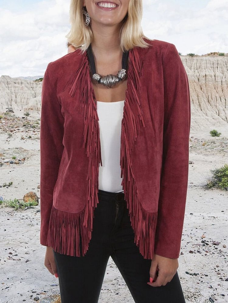 Mayoulove Wine red tassels women outerwear-Mayoulove