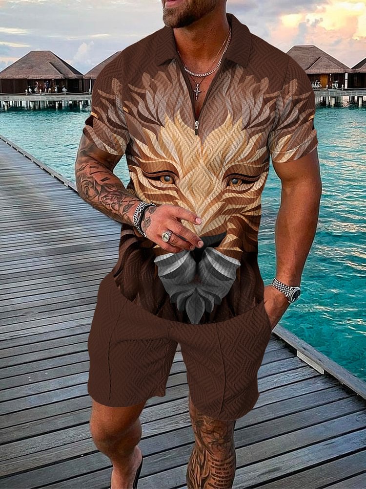 Men's Vacation Abstract Lion's Head Printed Polo Suit