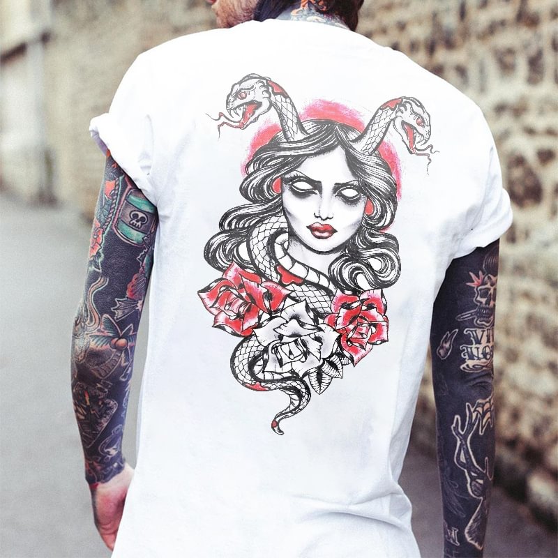 Medusa rose print men casual loose tees designer - Krazyskull