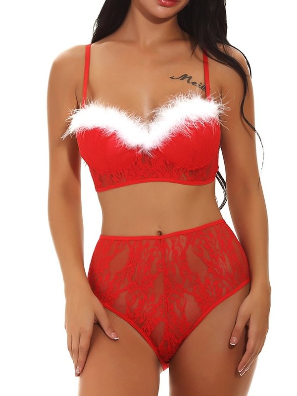 Christmas Underwear Lace Gathered Bra Two-piece Suit-Icossi