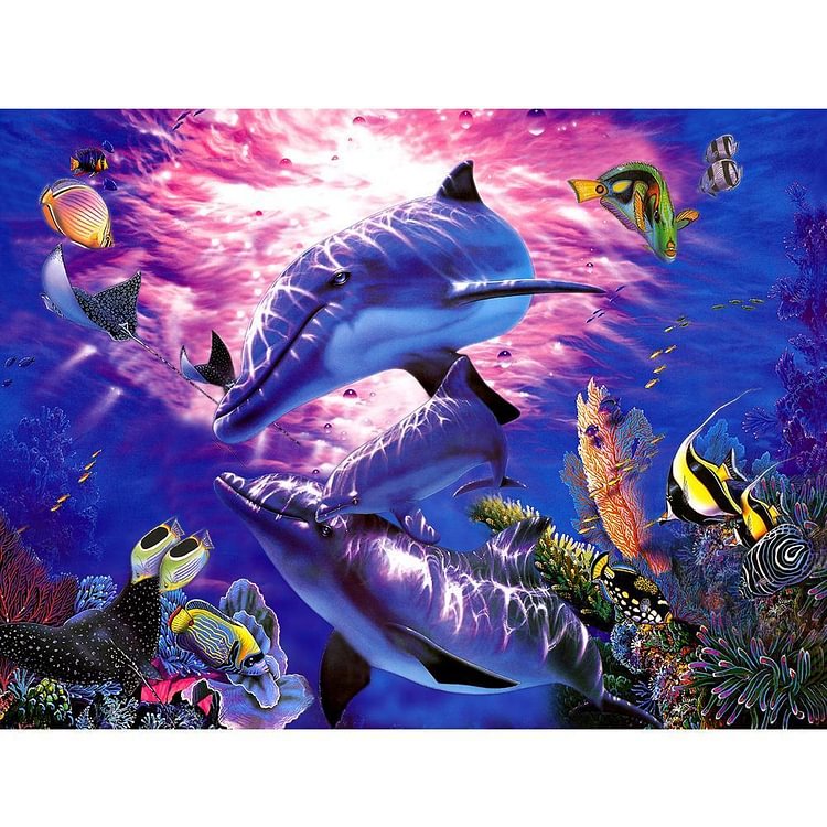 Dolphin Fish Sea Ocean - Diamant rond partiel - 30x40cm