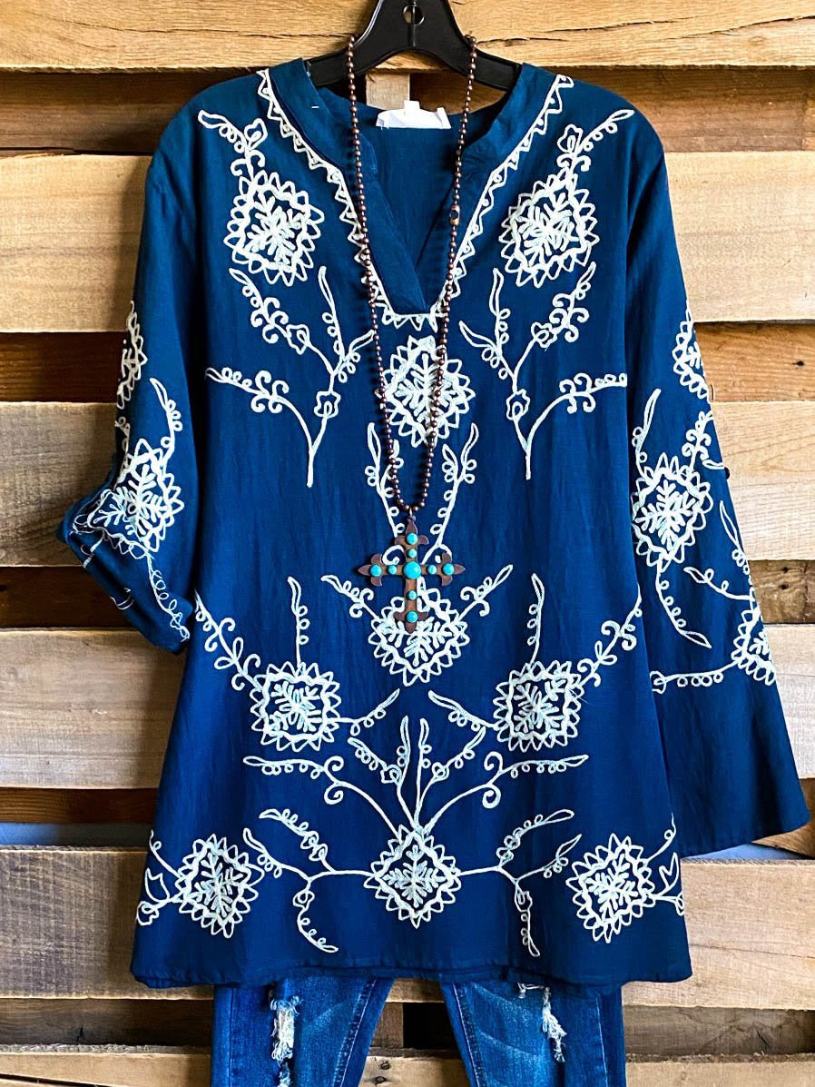 Long Sleeve V Neck Printed Casual Top