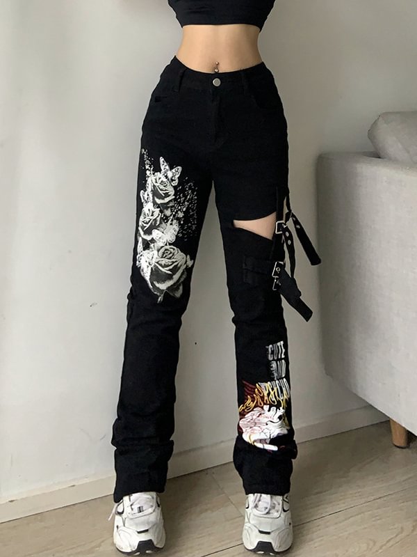 Street Fashion Straps Decorated Cutout Printed High Rise Straight Pants