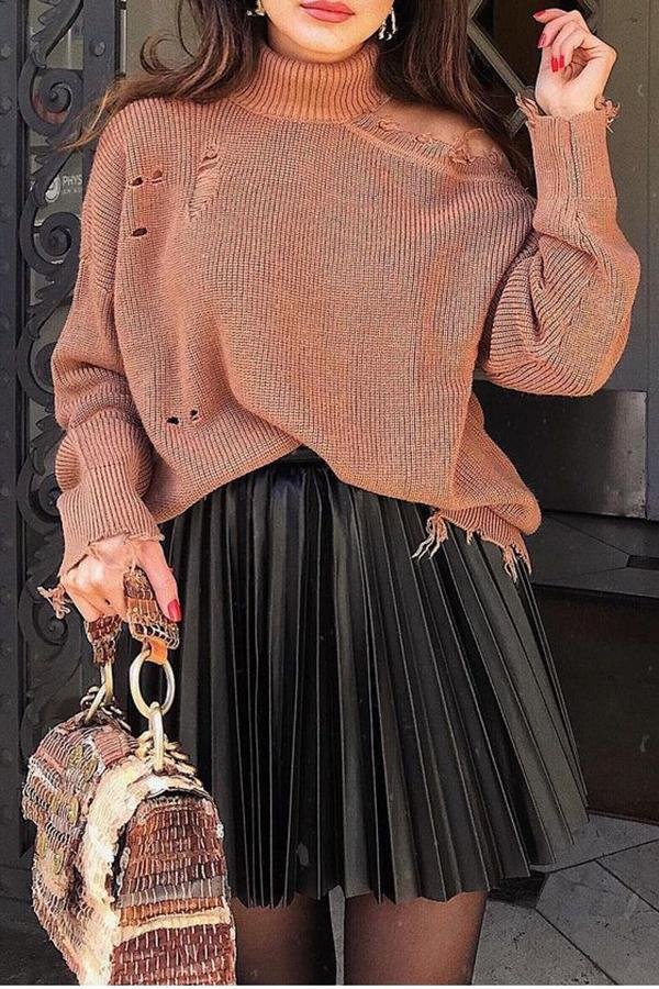 Womens Pleated Solid-color Fashion A-line Zipper Skirt-Fashion-Allyzone