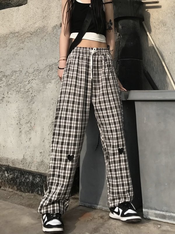 Casual Color Block Checkered Heart Embroidered Pants