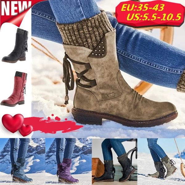 Women New Fashion Zipper Up Mid-calf Back Lace Boots Vintage Knitted PU Leather Flat Heel Anti-slip Snow Boots Winter Shoes For Women
