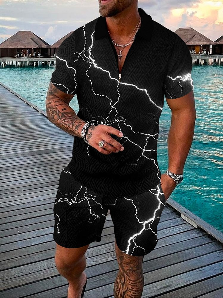 Men's Black Texture Lightning Print Polo Suit