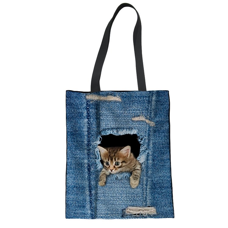 Women's cute cat casual style handbag, denim ripped canvas tote bag